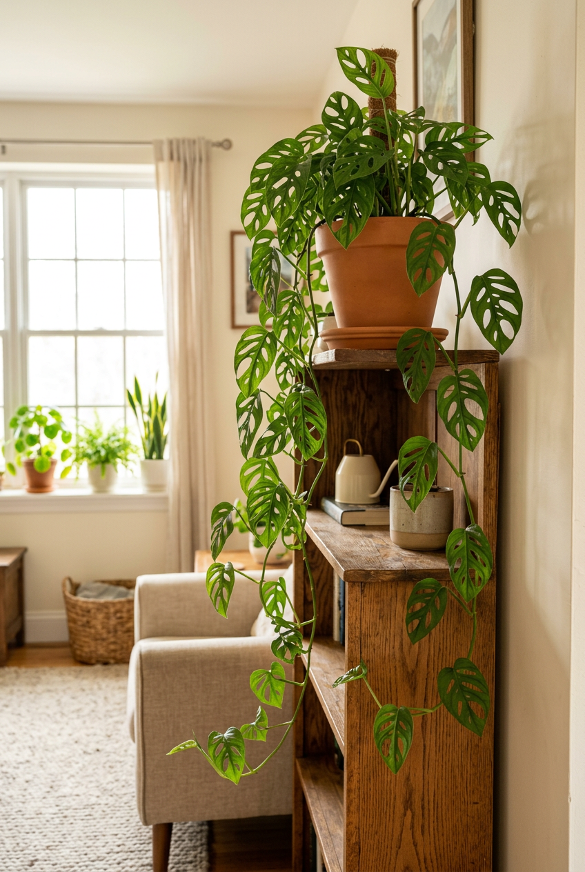 Illustrative example of possible Monstera adansonii growth after approximately three years indoors, with fuller vines trailing from a shelf. Actual growth and leaf openings vary.