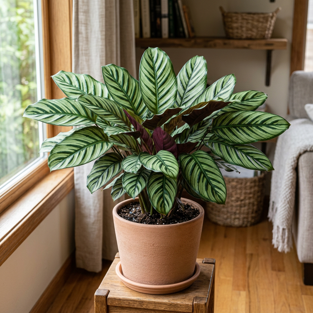 Illustrative example of possible Calathea Helen Kennedy growth after approximately three years indoors, showing a fuller clump of patterned leaves. Actual growth varies.