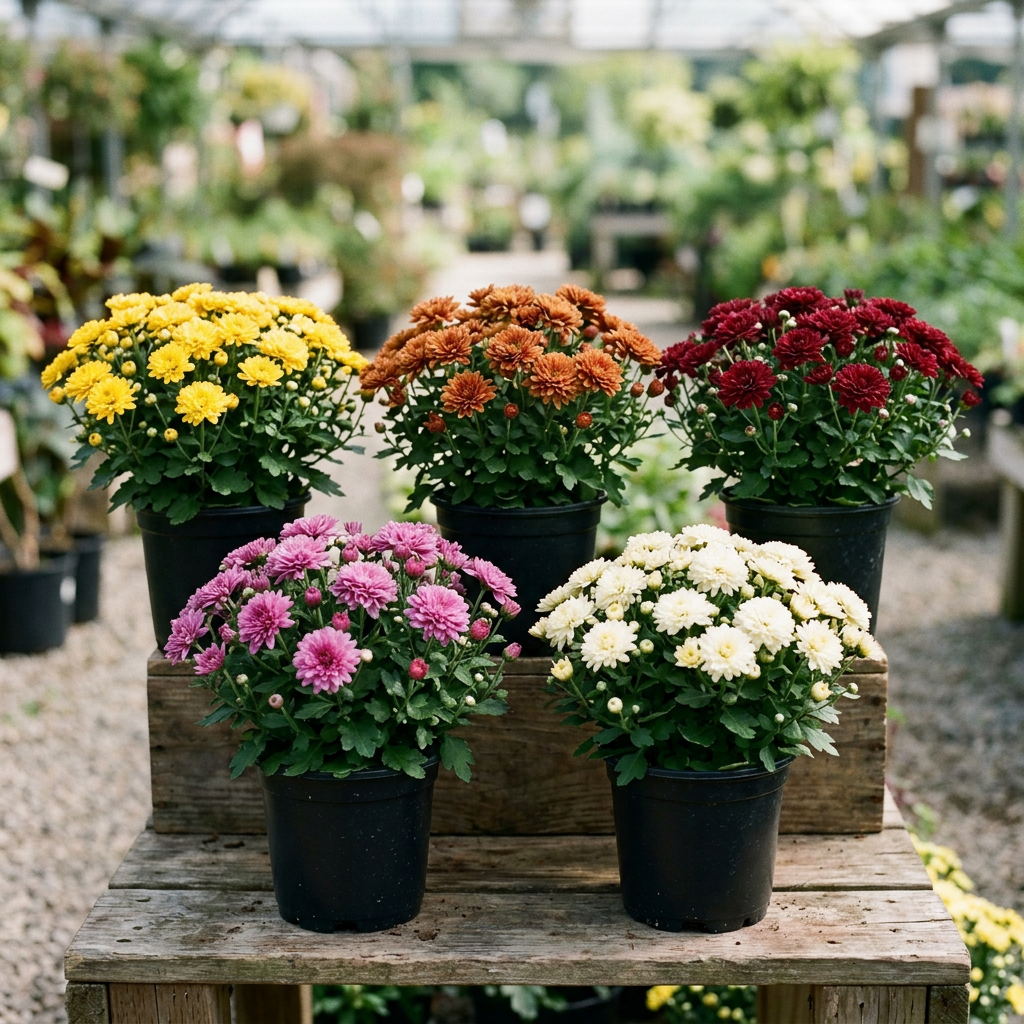 Representative assortment of five mum colors in individual 6-inch nursery pots
