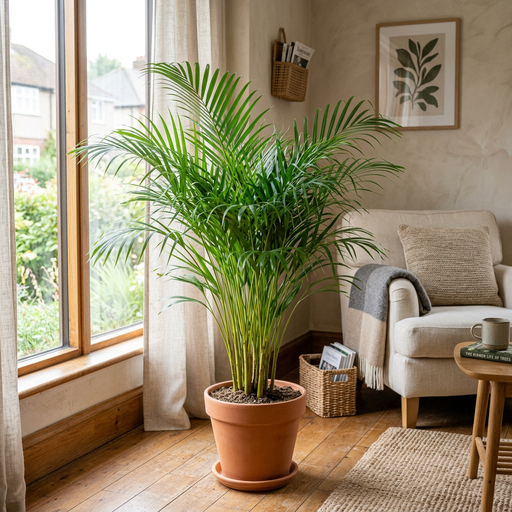 Illustrative example of possible Areca palm growth after approximately three years indoors, showing a fuller palm with arching fronds. Actual growth varies.