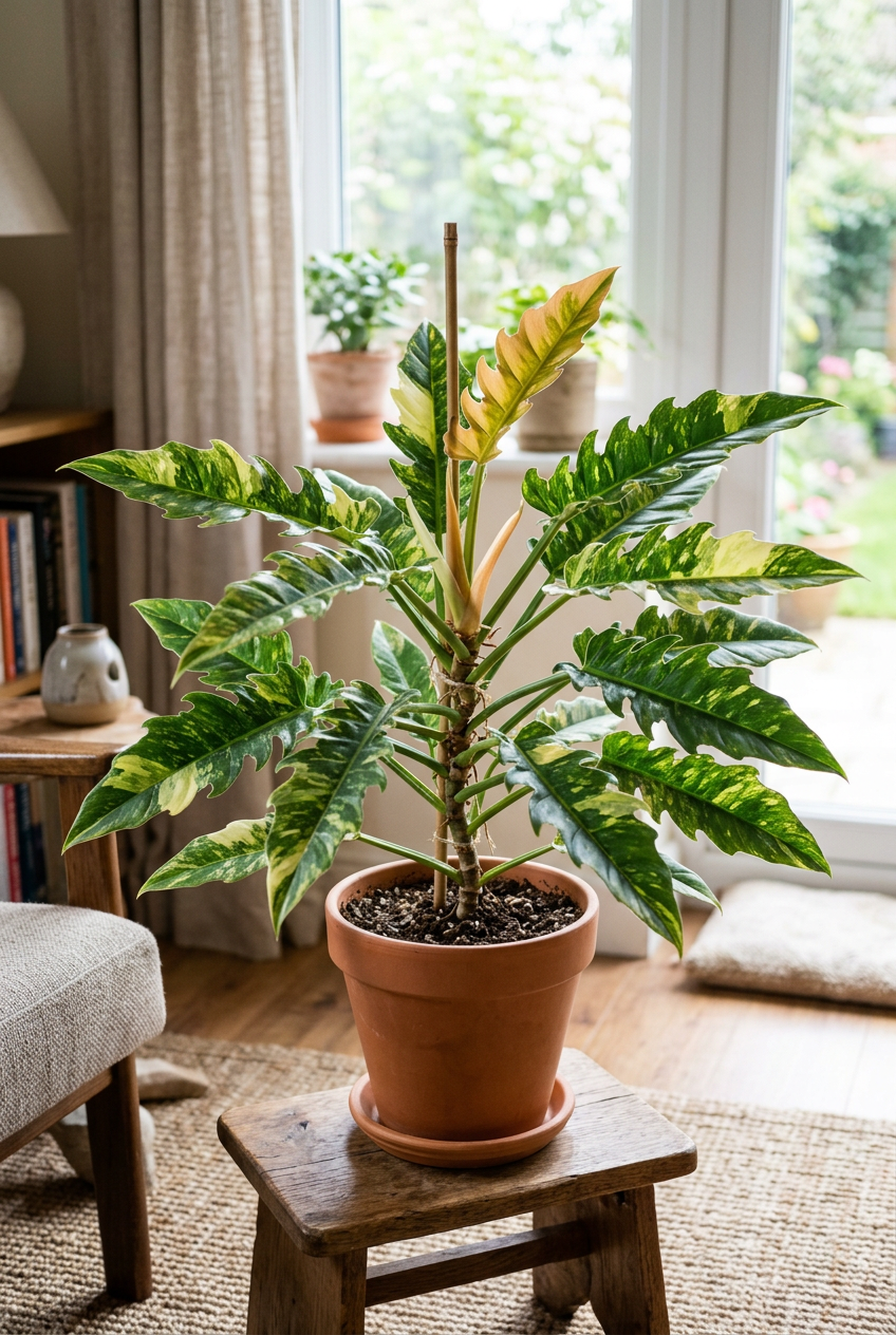 Illustrative example of possible Philodendron Ring of Fire growth after approximately three years indoors, showing fuller upright serrated foliage. Actual growth, color, and variegation vary.