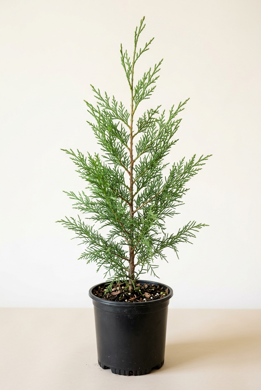 AI-generated representative image of a young Leyland cypress with feathery green foliage in a black nursery container.