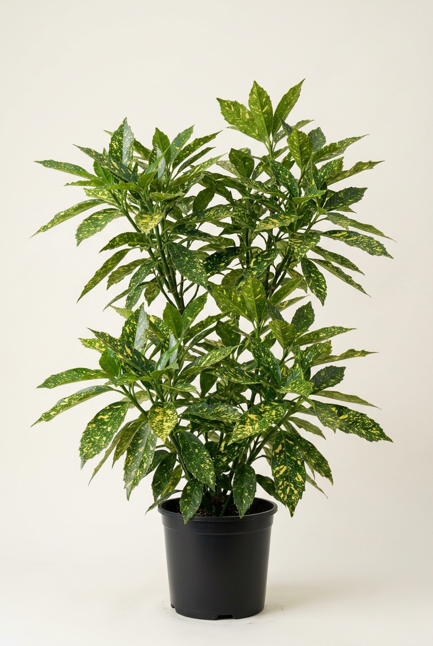 AI-generated representative image of a tall, broad Mr. Goldstrike aucuba with gold-splashed green foliage in a clean black #3 nursery pot.