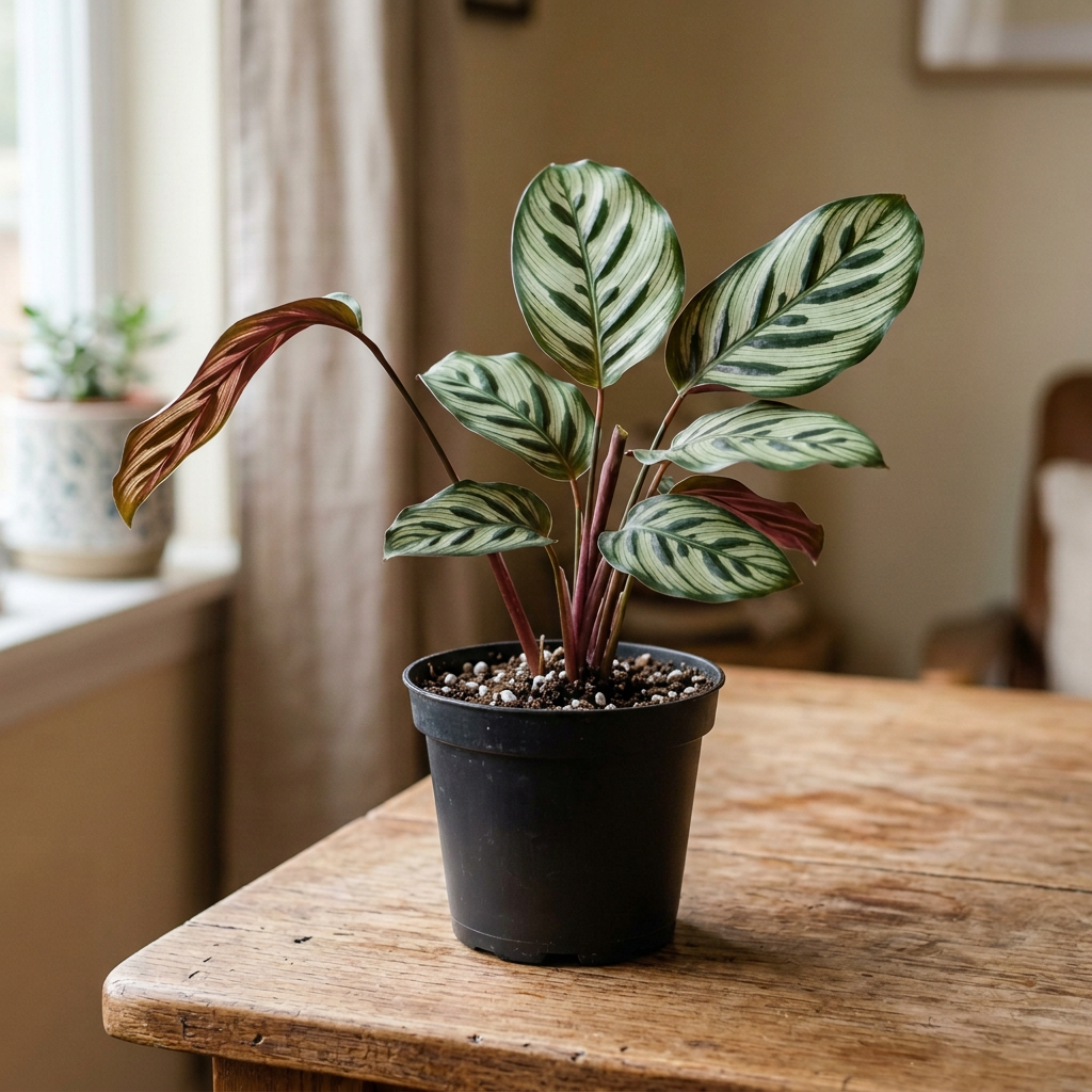 Illustration of a small sale-sized Calathea makoyana in a black plastic 4-inch nursery pot on a wooden table indoors.