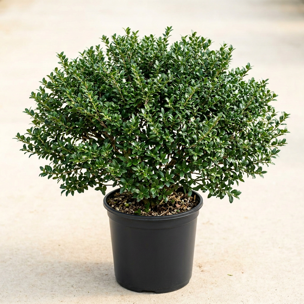 AI-generated representative image of a full Compacta Japanese holly in a clean black nursery pot.