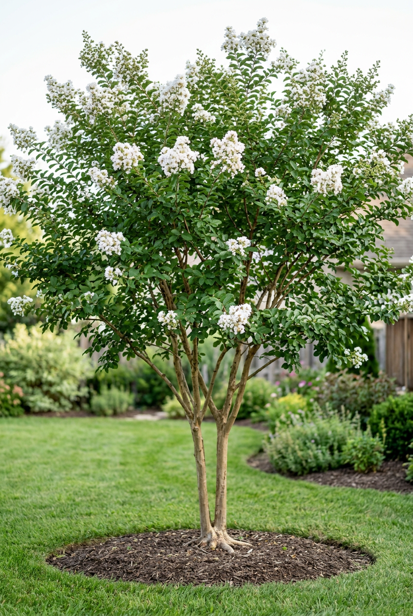 AI-generated landscape illustration of possible Sarah’s Favorite crape myrtle appearance two growing seasons after planting. Actual growth and flowering vary.