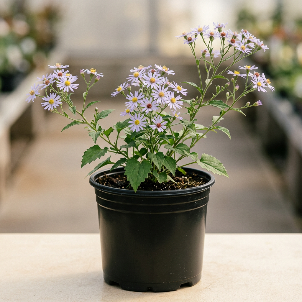 Blue wood aster depicted in a clean unlabeled black nursery pot against a warm off-white backdrop