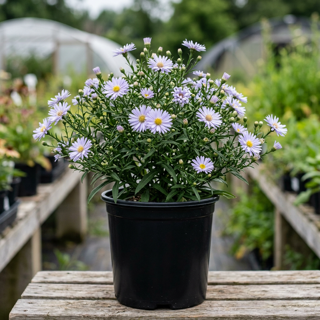 Aster ‘Wood’s Light Blue’ depicted in a clean black 1-gallon nursery pot
