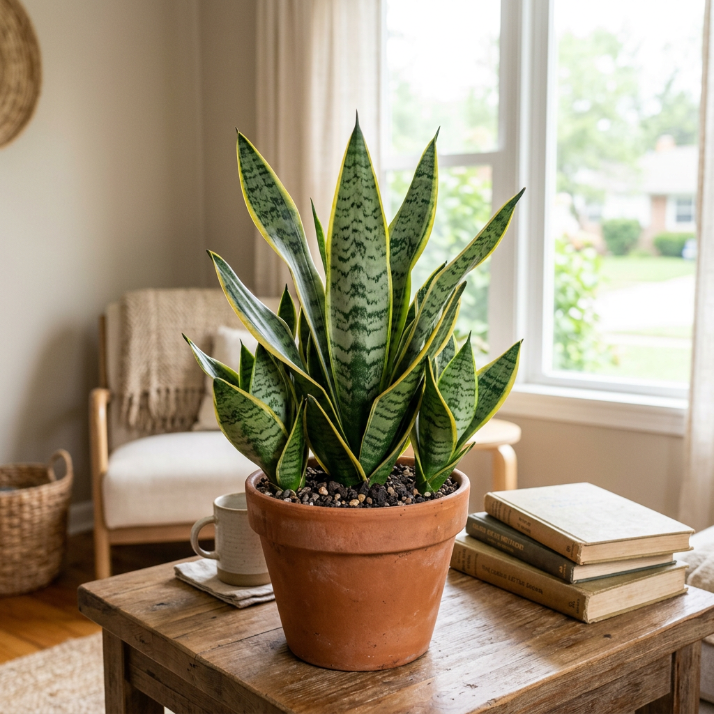Illustrative example of possible Sansevieria Futura Superba growth after approximately three years indoors, showing a fuller compact clump with offsets. Actual growth varies.
