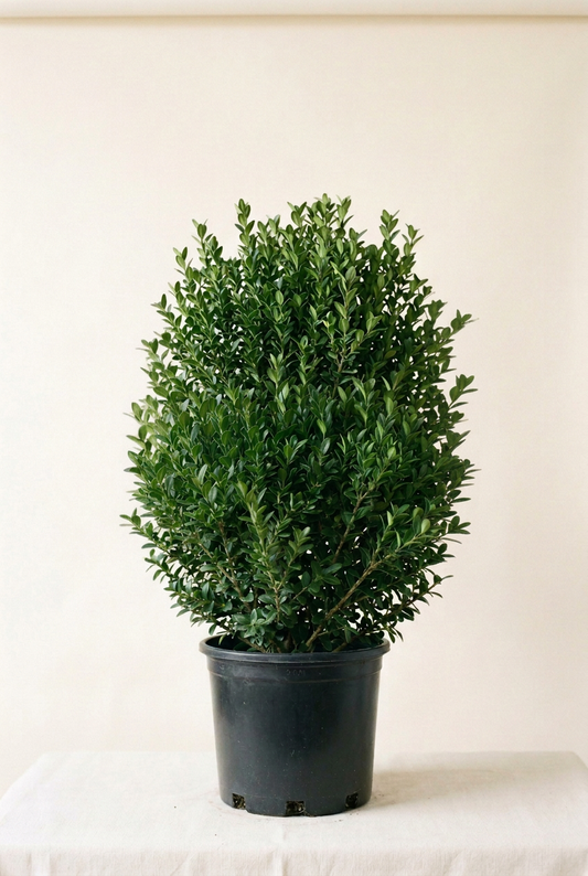 AI-generated representative image of a tall, broad Green Velvet boxwood shrub in a black 3-gallon nursery pot.