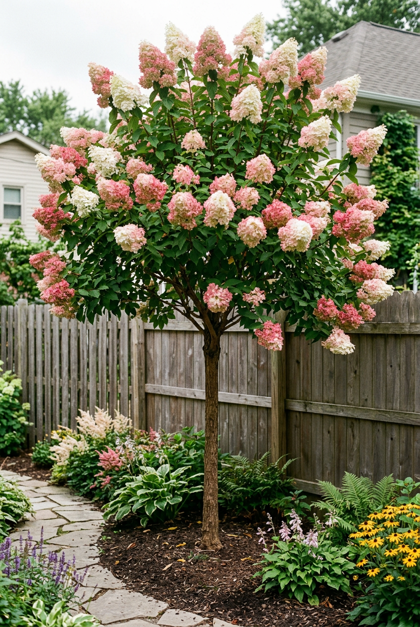 Vanilla Strawberry tree-form hydrangea planted in a garden