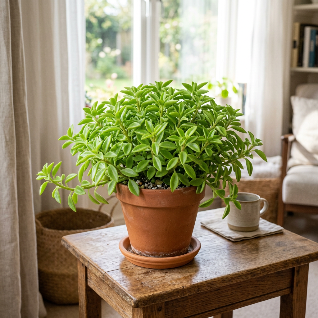 Illustrative example of possible Pixie Lime Peperomia growth after approximately three years indoors, showing a fuller compact mound of lime-green leaves. Actual growth varies.