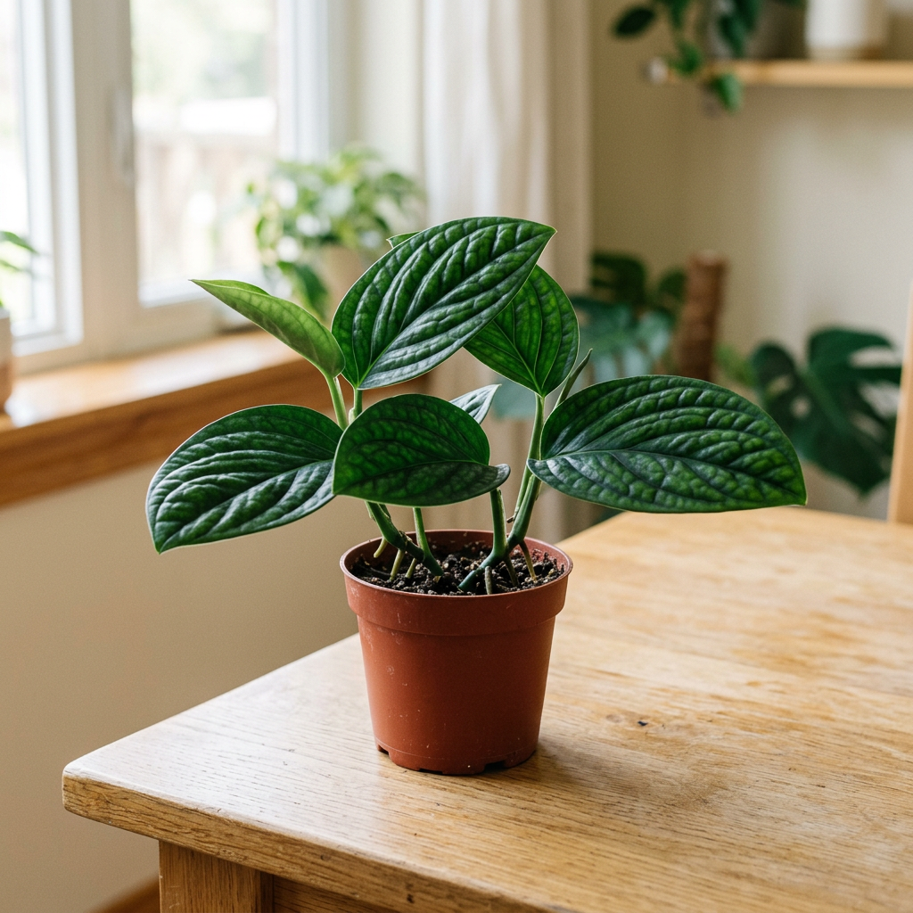 Illustration of a small Monstera Peru in a 4-inch nursery pot indoors, with thick, quilted dark-green leaves.