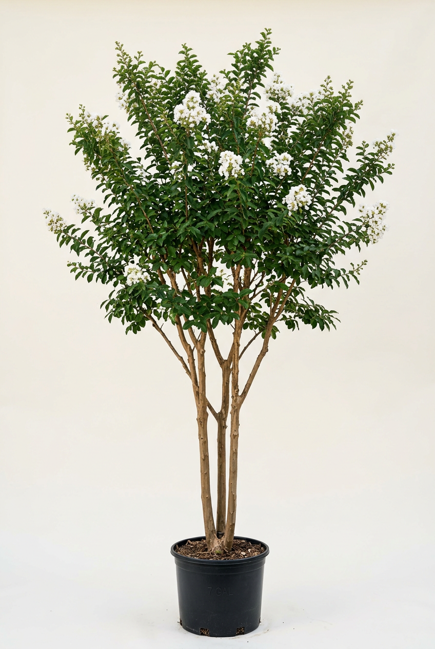 AI-generated representative image of a large Sarah’s Favorite crape myrtle with a broad leafy crown and white blooms in a black 7-gallon nursery pot.
