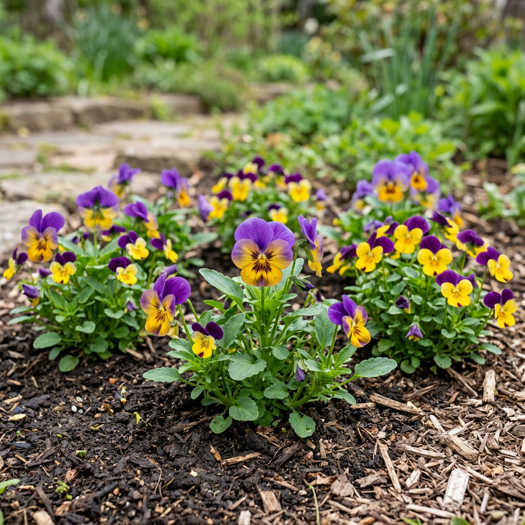 Representative purple-and-yellow pansies and violas planted in a seasonal garden border