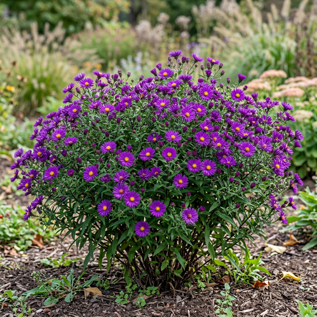 Aster ‘Grape Crush’ illustrating approximately three years of growth in a garden