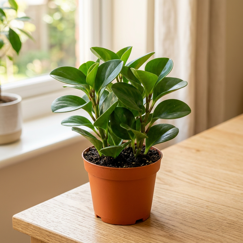 Illustration of a small Peperomia Obtipan Green with glossy rounded green leaves in a 4.5-inch nursery pot indoors.
