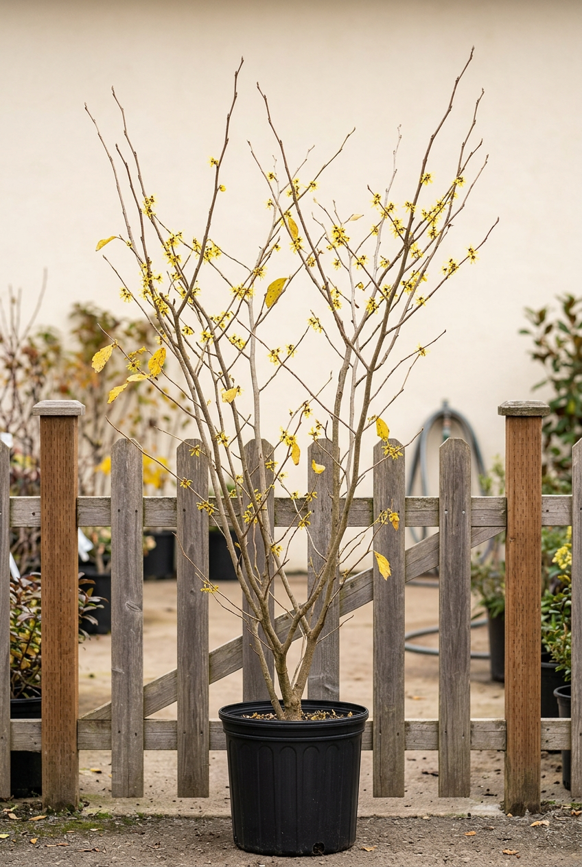 Tall flowering common witch hazel in a 3-gallon nursery pot with a low wooden fence providing scale