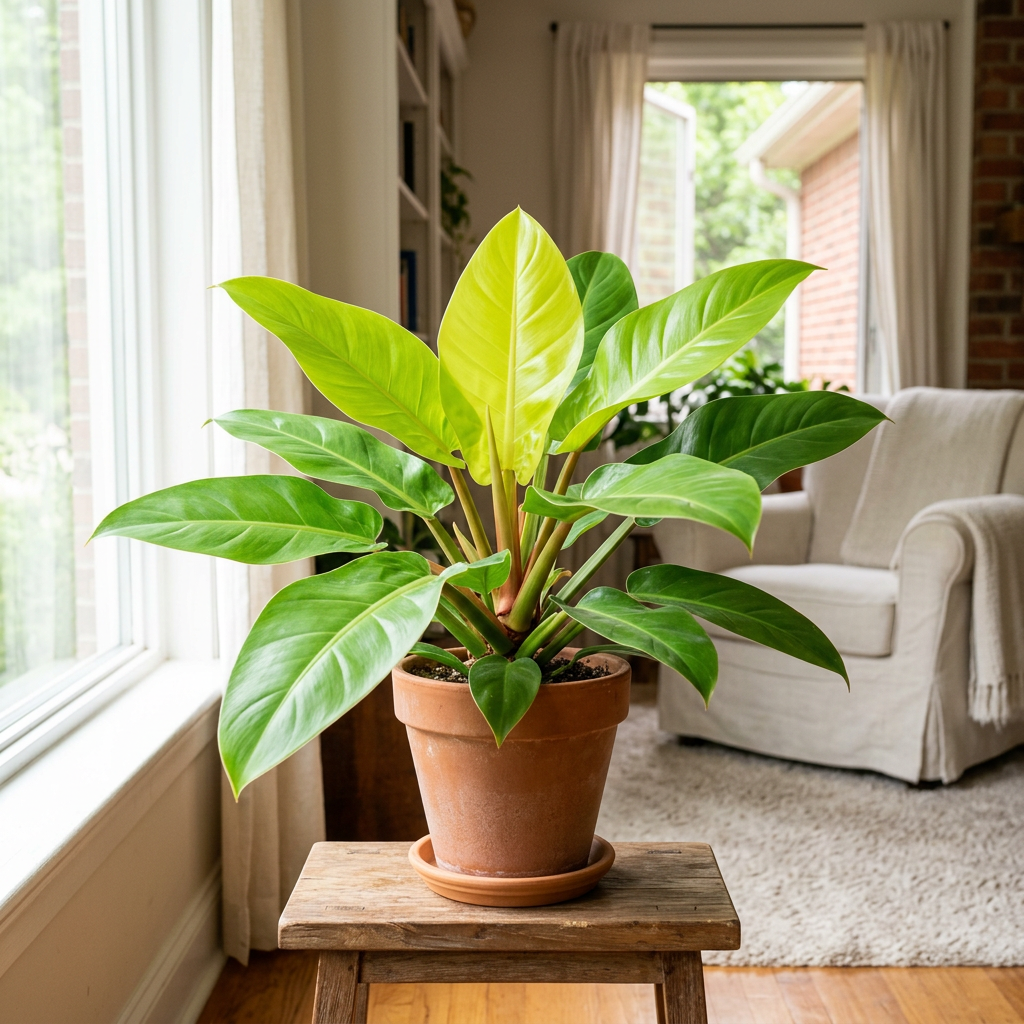 Illustrative example of possible Philodendron Moonlight growth after approximately three years indoors, showing a fuller upright cluster of lime and green leaves. Actual growth and color vary.