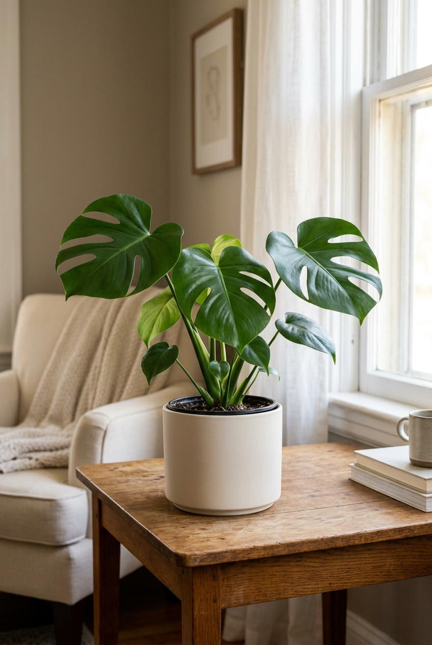 Illustration of a modest-sized Monstera deliciosa in an 8-inch pot on a wooden table beside a window. Actual plant size and leaf shape vary.