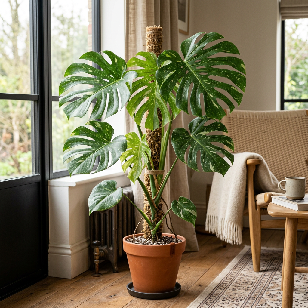 Illustrative example of possible Monstera Thai Constellation growth after approximately three years indoors, with larger split leaves and a climbing support. Actual growth varies.