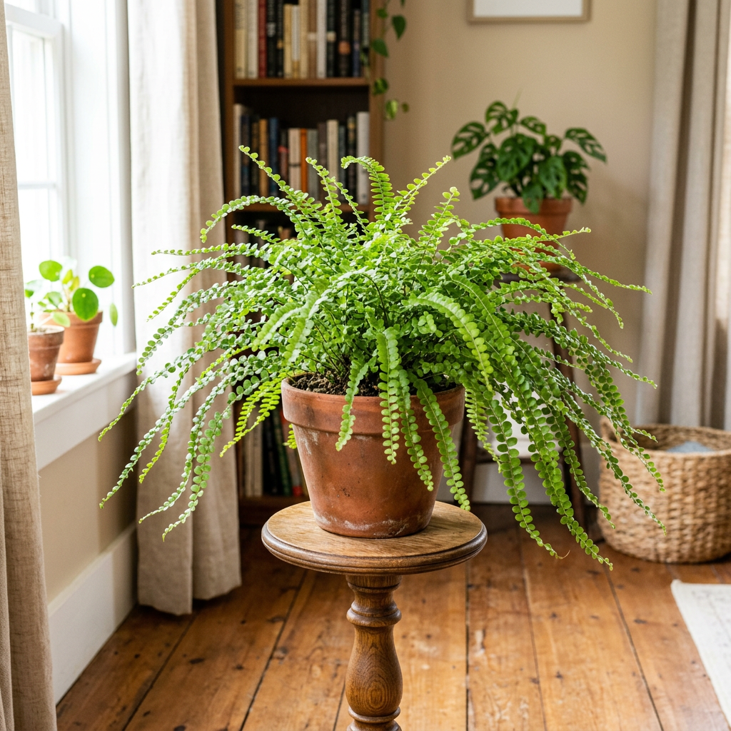 Illustrative example of possible Lemon Button Fern growth after approximately three years indoors, showing a fuller compact mound of arching fronds. Actual growth varies.