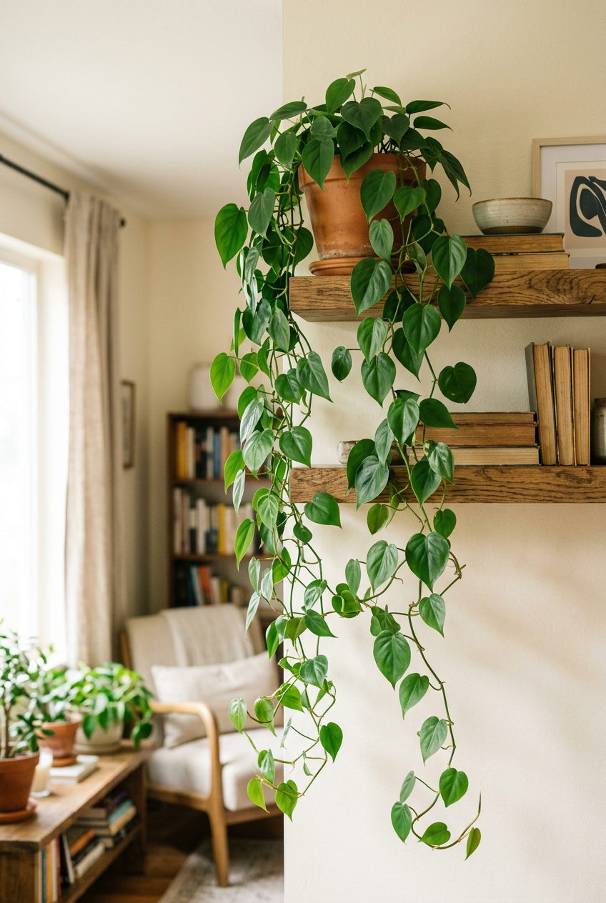 Illustrative example of possible Philodendron Cordatum growth after approximately three years indoors, with leafy green vines trailing from a shelf. Actual growth varies.