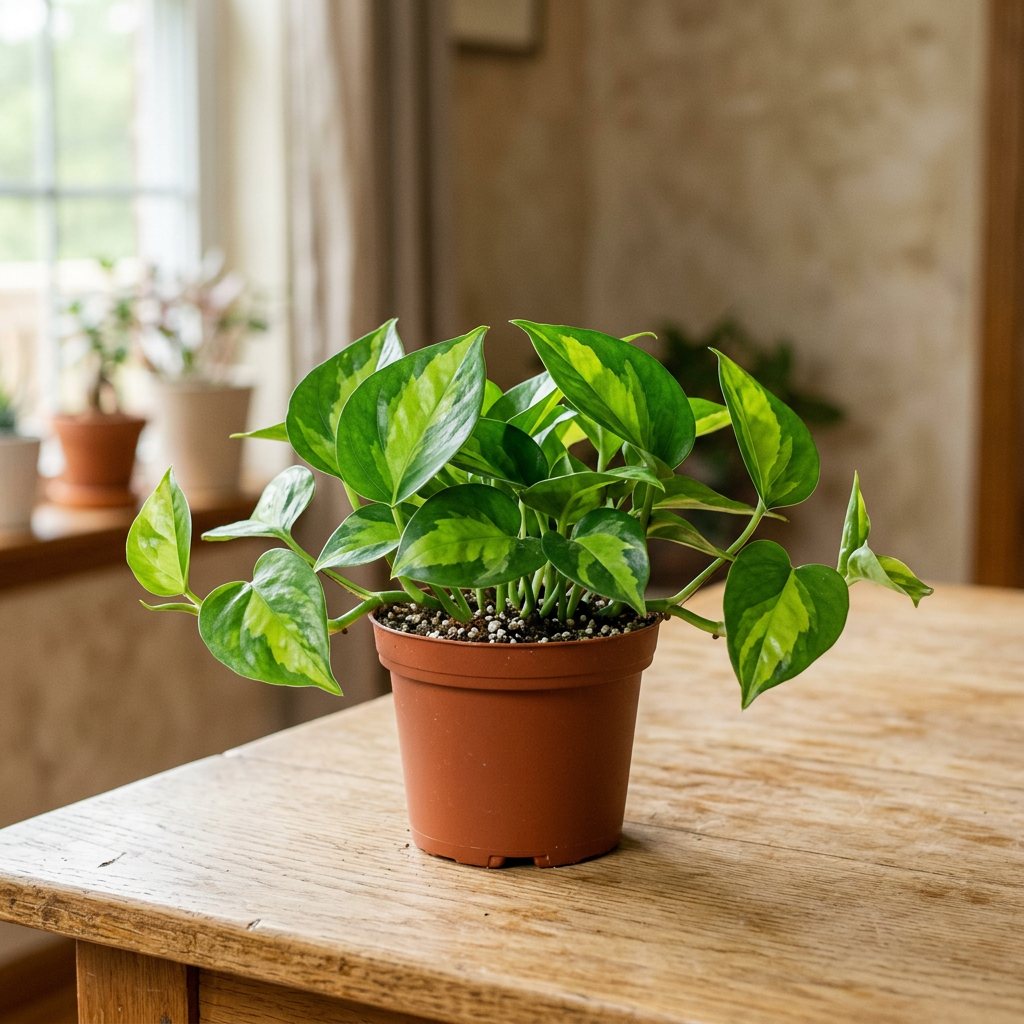 Illustration of a small Global Green Pothos with green-on-green variegated leaves in a 4.5-inch nursery pot indoors.