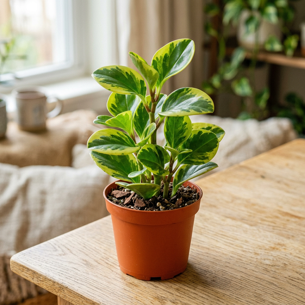 Illustration of a small Peperomia obtusifolia Lemon Lime with glossy green and yellow-lime leaves in a 4.5-inch nursery pot indoors.