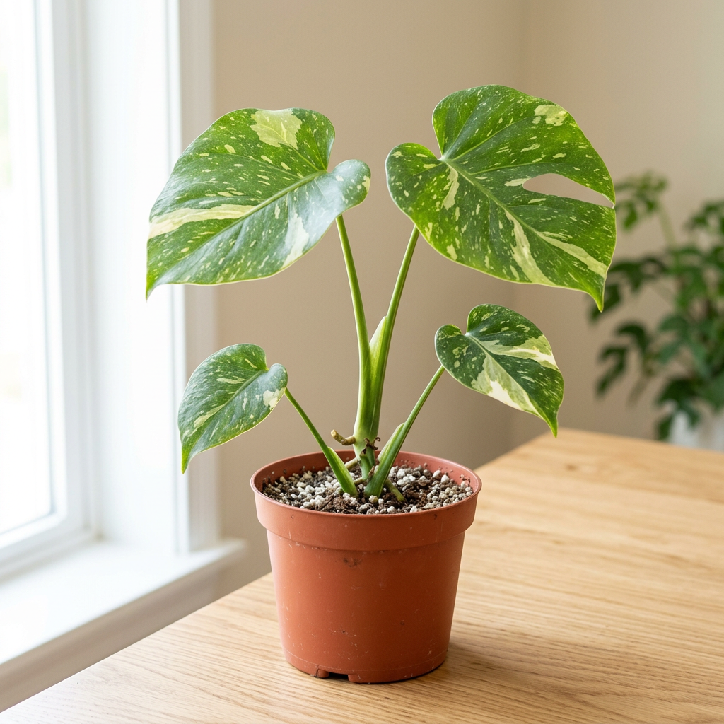 Illustration of a young Thai Constellation Monstera in a 6-inch nursery pot indoors, with green leaves and creamy speckles. Actual variegation varies.