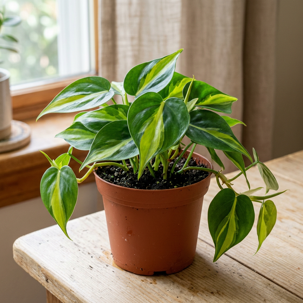 Illustration of a small Philodendron Brasil with green and lime-striped heart-shaped leaves in a 4.5-inch nursery pot indoors.