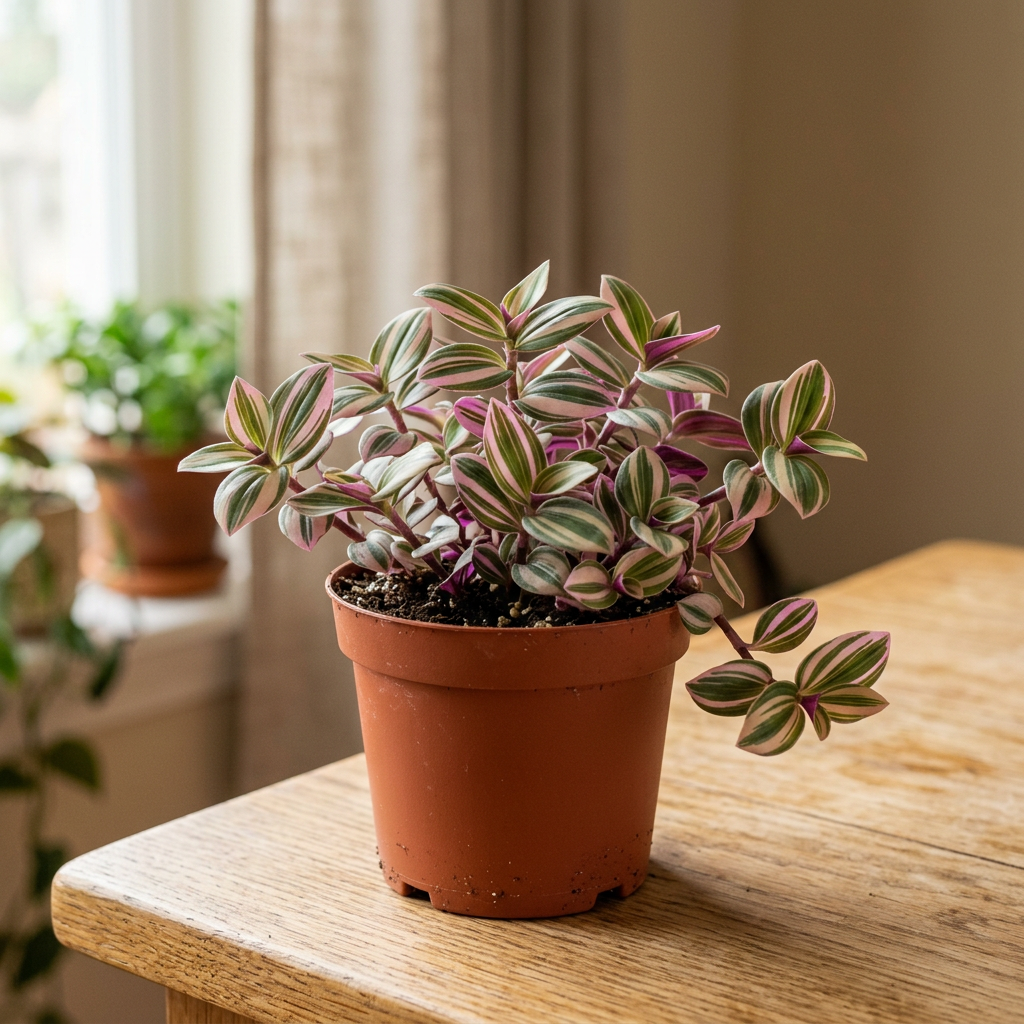 Illustration of a small Tradescantia Lollipop with colorful striped foliage in a 4.5-inch nursery pot indoors.