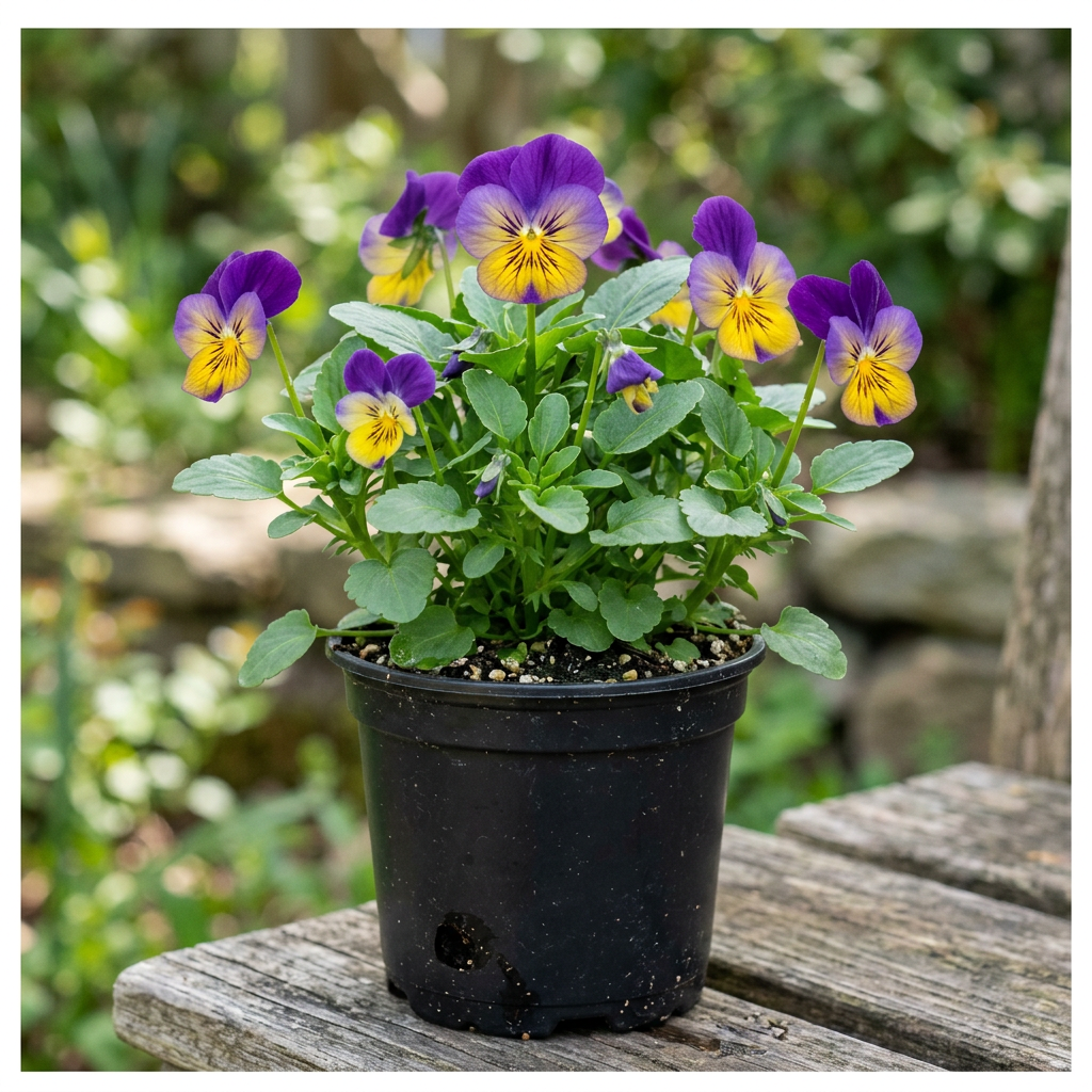Representative purple-and-yellow pansy/viola in a 4.5-inch nursery pot