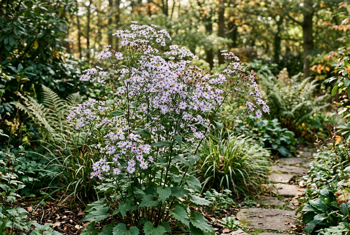 Established blue wood aster garden depiction framed by complementary ferns and sedges
