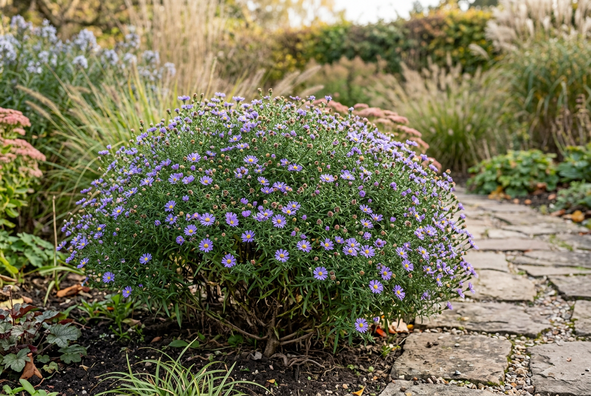 Illustrative October Skies aromatic aster established in the garden after approximately three growing seasons
