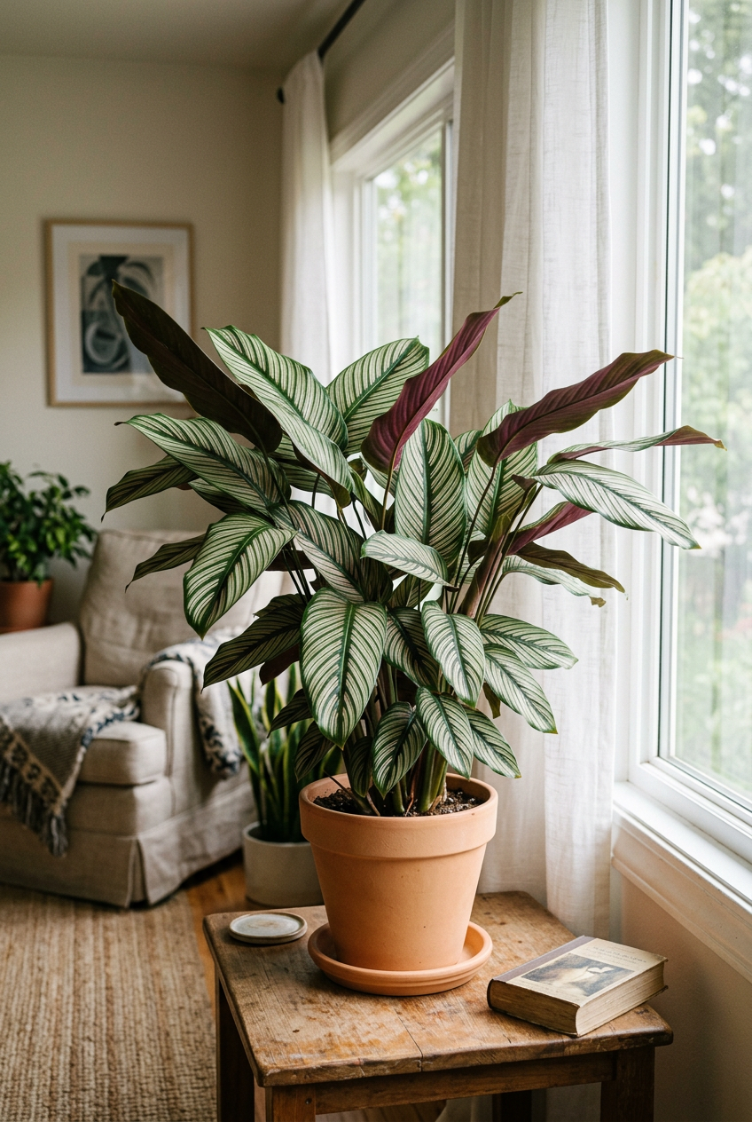 Illustrative example of possible Calathea White Star growth after approximately three years indoors, showing a fuller upright striped clump near a window. Actual growth and leaf color vary.
