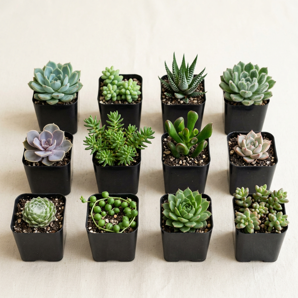 AI-generated representative assortment of varied miniature succulents in individual black 2-inch nursery containers.