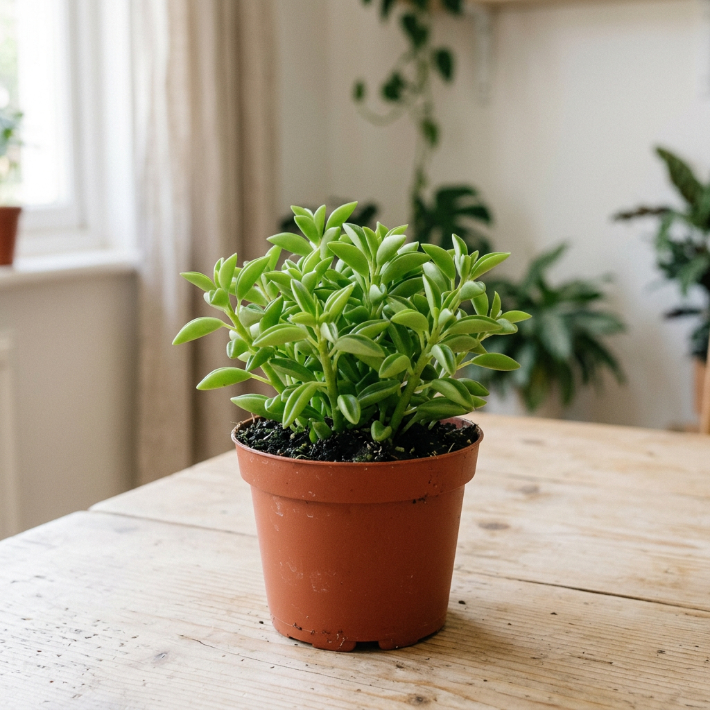 Illustration of a compact Pixie Lime Peperomia in a 4-inch nursery pot indoors, with small lime-green teardrop-shaped leaves.