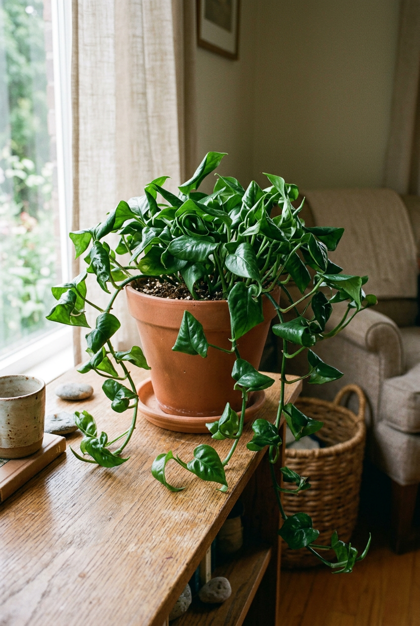 Illustrative example of possible Shangri La Pothos growth after approximately three years indoors, showing fuller trailing vines with naturally curled leaves. Actual growth and leaf shape vary.