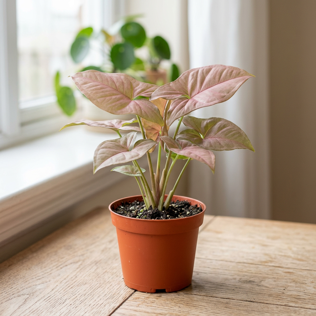 Illustration of a young Syngonium Neon with blush-pink arrowhead-shaped leaves in a 4.5-inch nursery pot indoors.