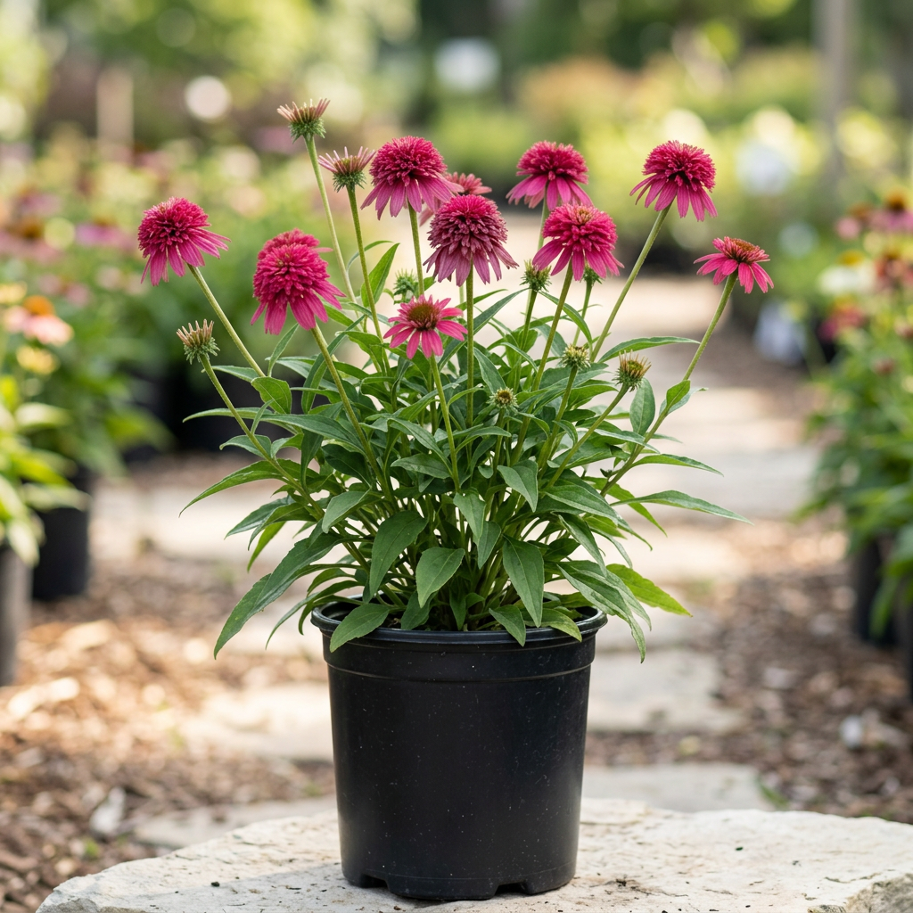 Echinacea ‘Raspberry Truffle’ with shaggy raspberry double blooms in a one-gallon nursery pot