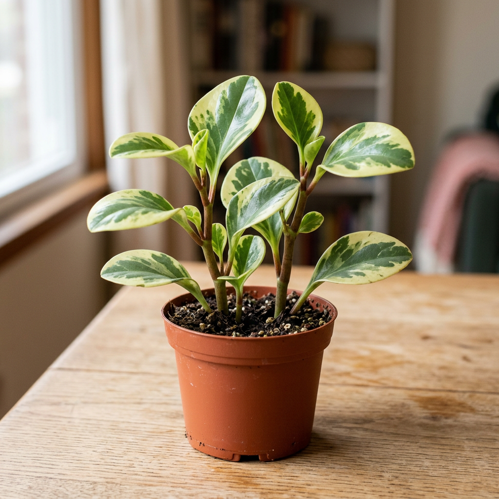 Illustration of a young Peperomia obtusifolia Variegata in a 4-inch nursery pot indoors, with glossy green and cream leaves. Variegation varies.