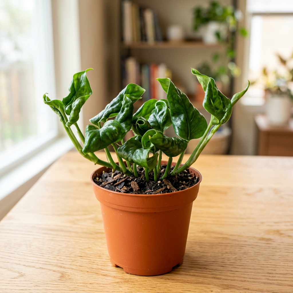 Illustration of a young Shangri La Pothos in a 4-inch nursery pot indoors, with glossy green twisted and inward-folded leaves.