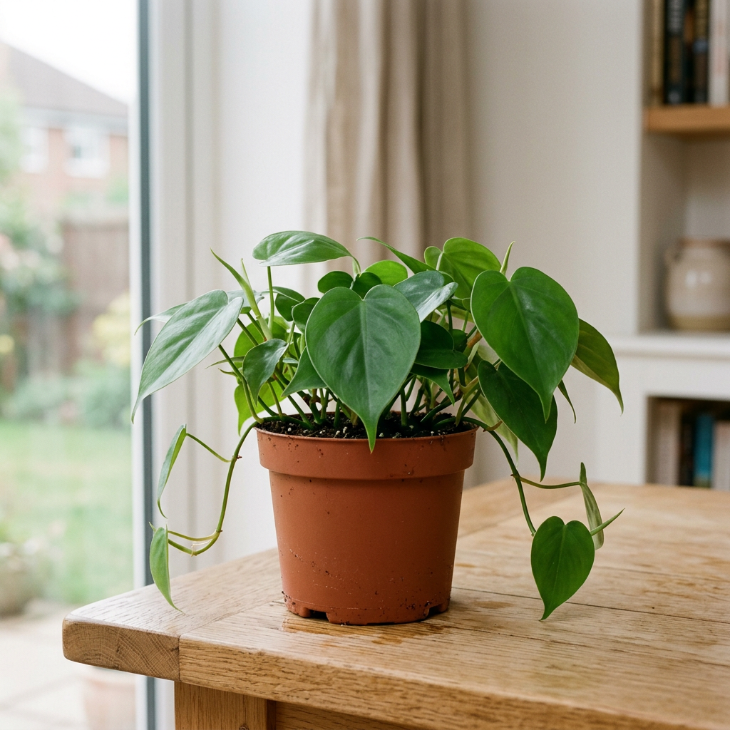 Illustration of a small Philodendron Cordatum with green heart-shaped leaves in a 4.5-inch nursery pot indoors.