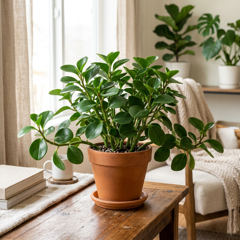 Illustrative example of possible Peperomia Obtipan Green growth after approximately three years indoors, showing a fuller compact branching plant. Actual growth varies.
