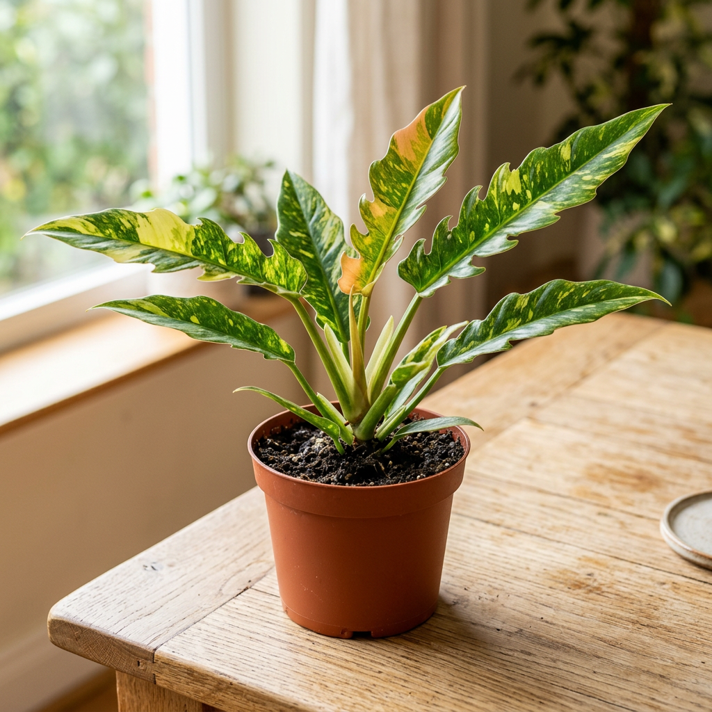 Illustration of a young Philodendron Ring of Fire in a 6-inch nursery pot indoors, with serrated green and cream-yellow leaves. Actual color and variegation vary.