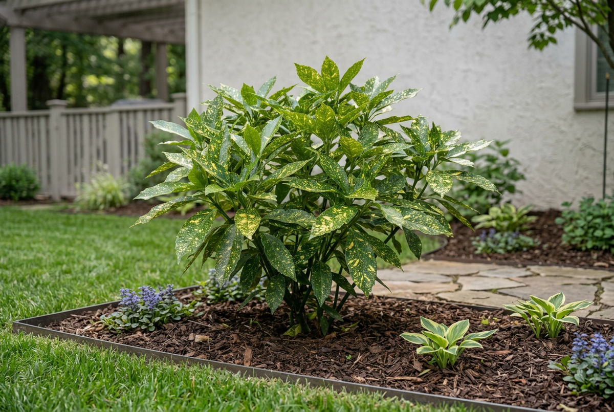 AI-generated illustration of possible Mr. Goldstrike aucuba appearance after three growing seasons in a landscaped residential garden. Actual growth varies.