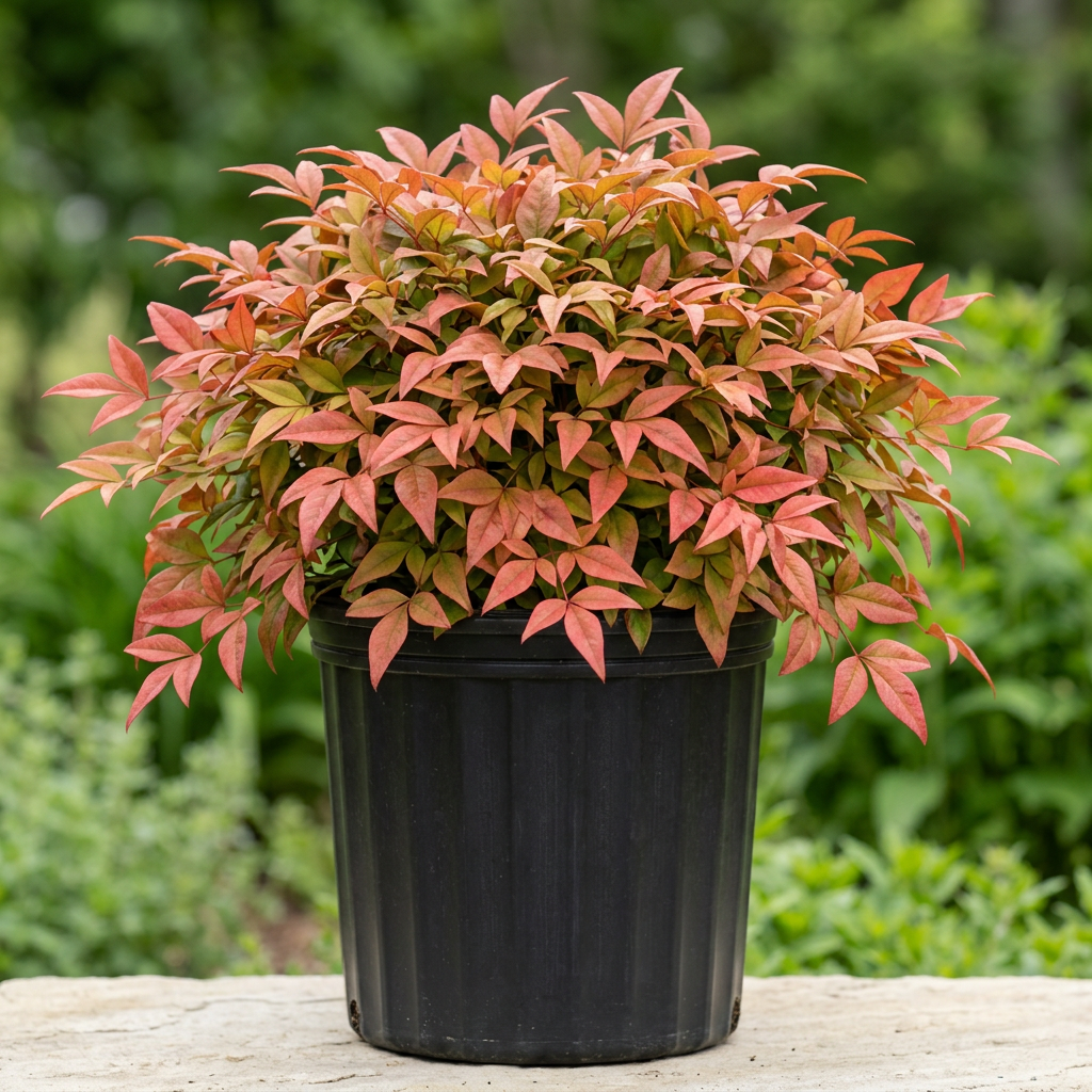 Dense full Nandina ‘Firepower’ in a deep black three-gallon nursery pot, with red and green foliage