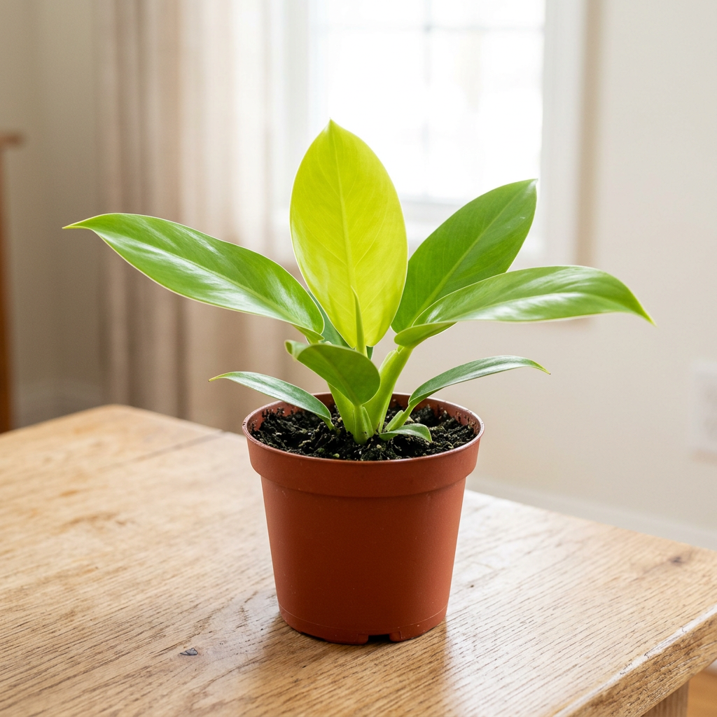 Illustration of a young Philodendron Moonlight in a 4-inch nursery pot indoors, with chartreuse new leaves and greener older foliage.