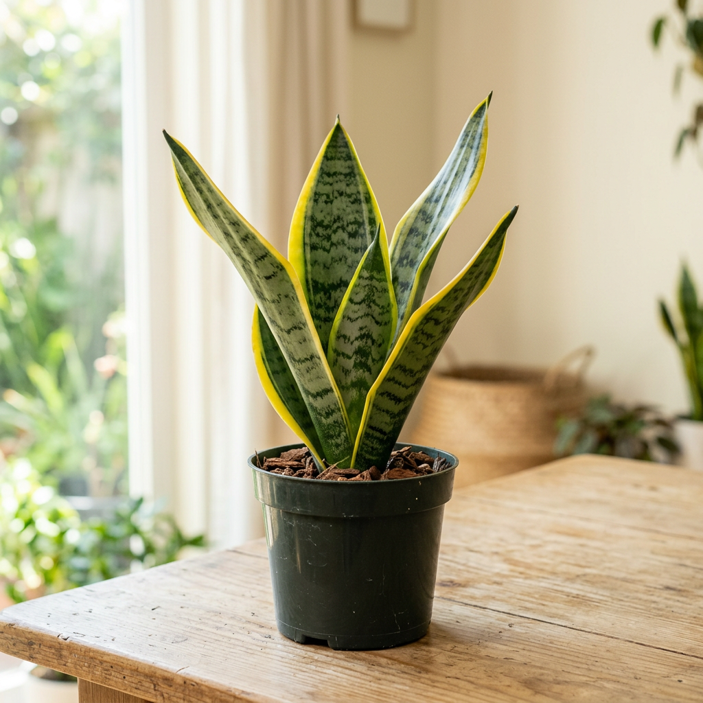 Illustration of a small Sansevieria Futura Superba with upright green-banded, yellow-edged leaves in a 4.5-inch nursery pot indoors.